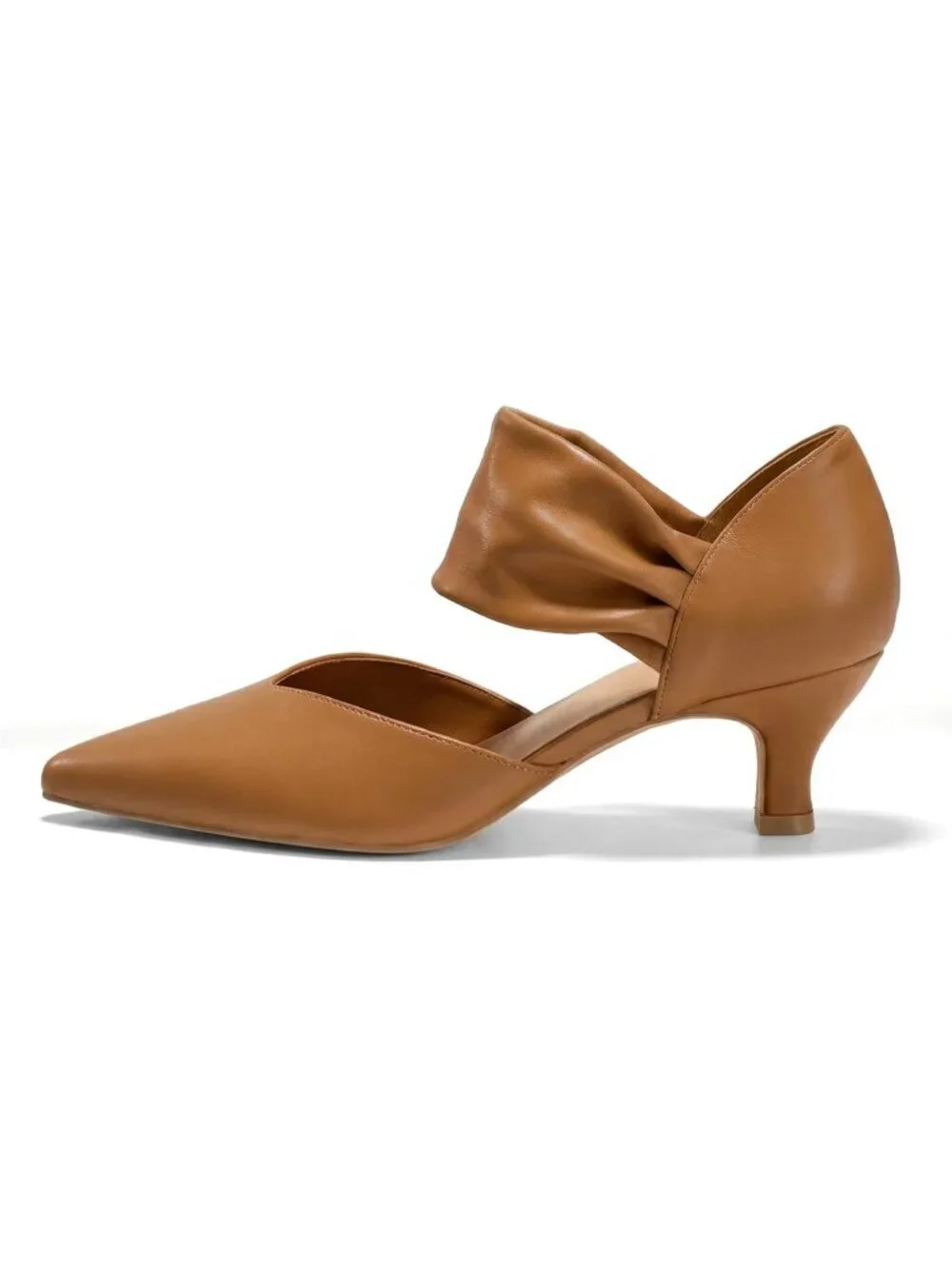 Women's Leather Brown Low Kitten Heel Pointed Toe Slip On Pump Ankle Strap Shoes